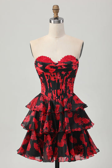 Black Red Floral A-line Sweetheart Tiered Corset Short Homecoming Dress